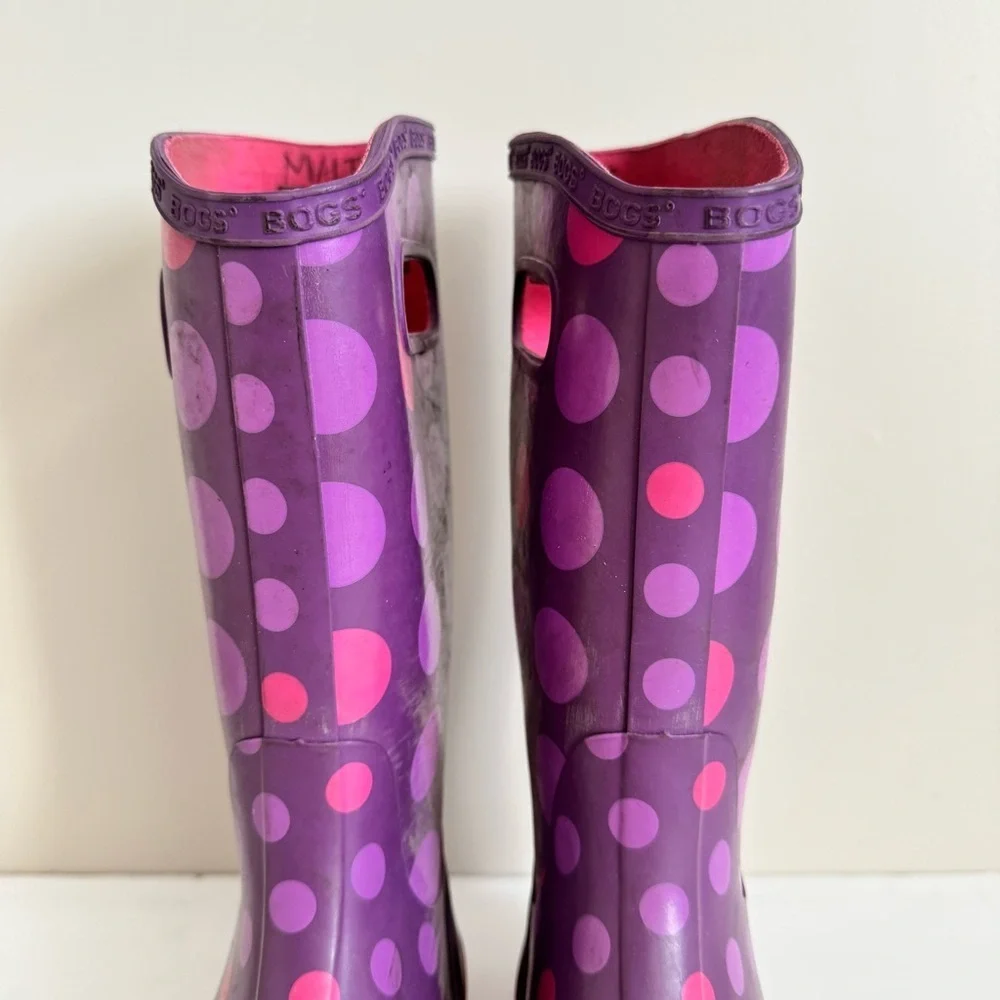 Bogs Rubber Pull On Waterproof Rain Boots Polka Dot Purple Big Kids Youth Size 5